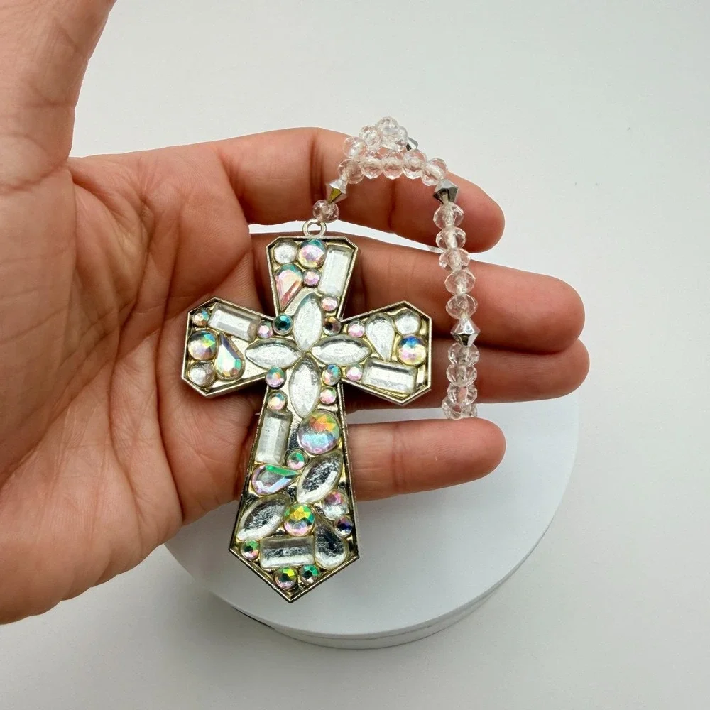Vintage Silver Tone Beaded Cross Charm Bracelet Rhinestone Crystal‎ AB Statement